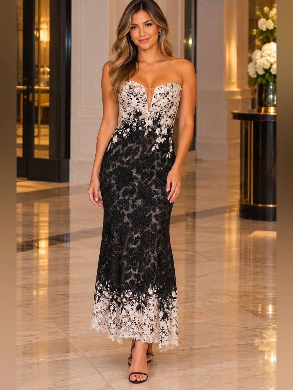cameo Black and White Strapless Floral Gown approx xs